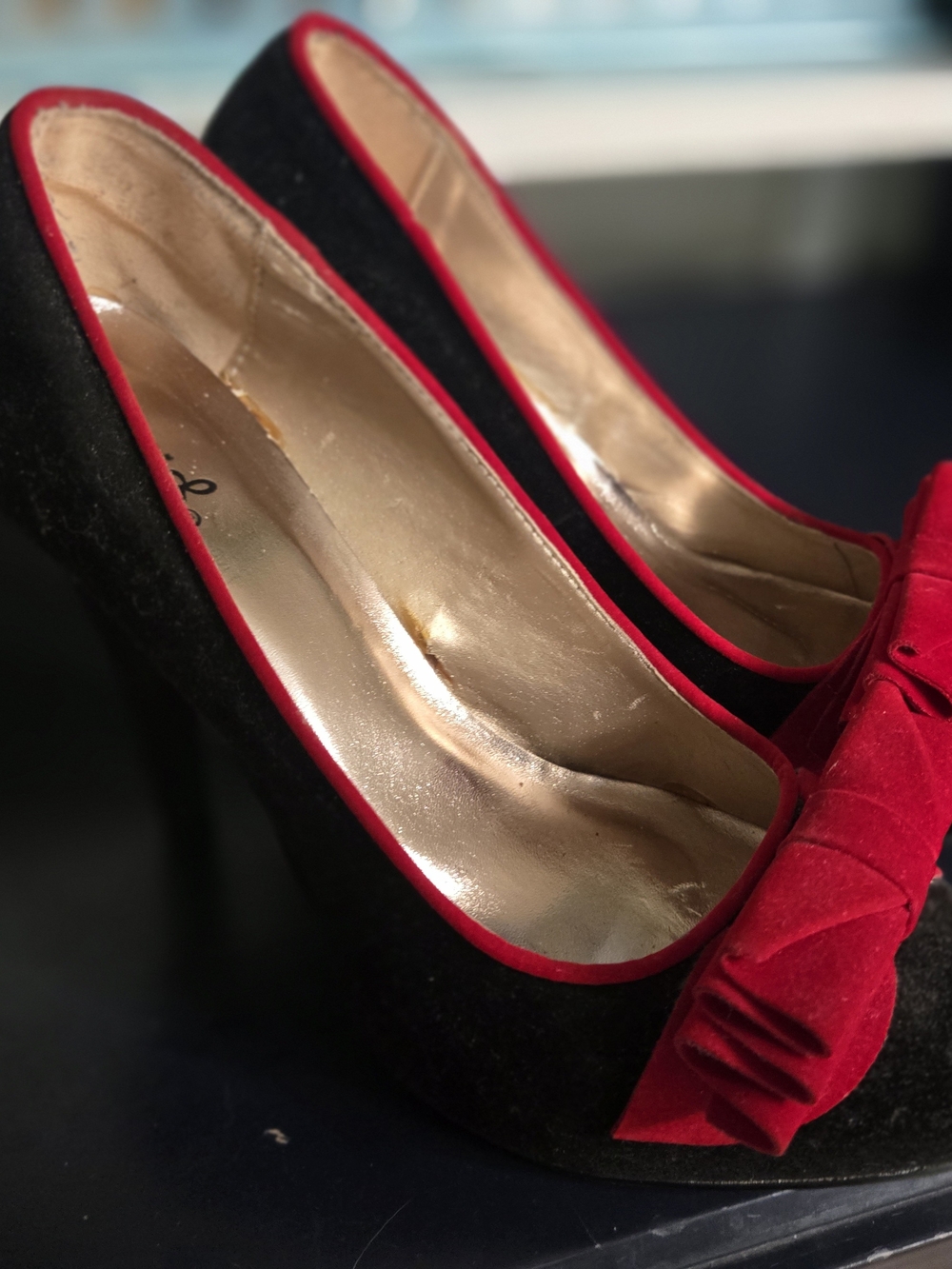 Qupid Black Suede Pumps with Red Trim and Bow Accent